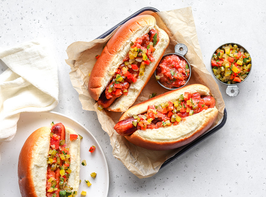 Hot dogs with tomato relish and pickle relish