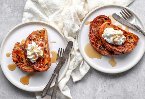 Apricot Delight Loaf made into French toast. On table with cloth.